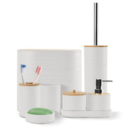 8Pcs Bathroom Accessories Set Bathroom Holder Set with Soap Dispenser Toothbrush Holder Cup Soap Dish Toilet Cleaning Brush Trash Can Qtip Holder Vani