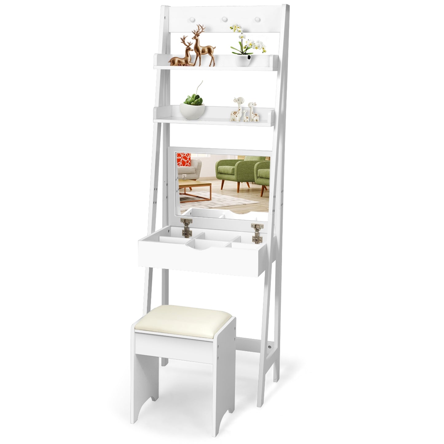 3-in-1 Modern Shelf Vanity Set with Flip Top Mirror and 6 Makeup Organizers