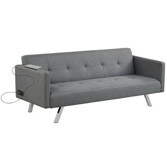 3 Seat Convertible Linen Fabric Futon Sofa with USB and Power Strip-Gray