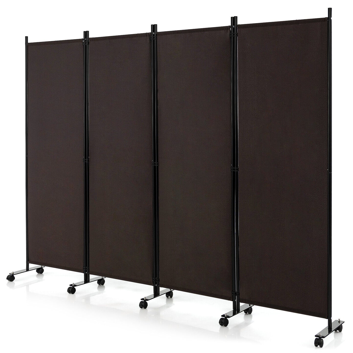 4-Panel Folding Room Divider 6 Feet Rolling Privacy Screen with Lockable Wheels-Black - Brown