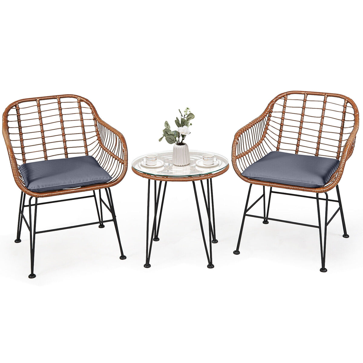 3 Pieces Patio Rattan Bistro Set with Cushion-Black - Gray