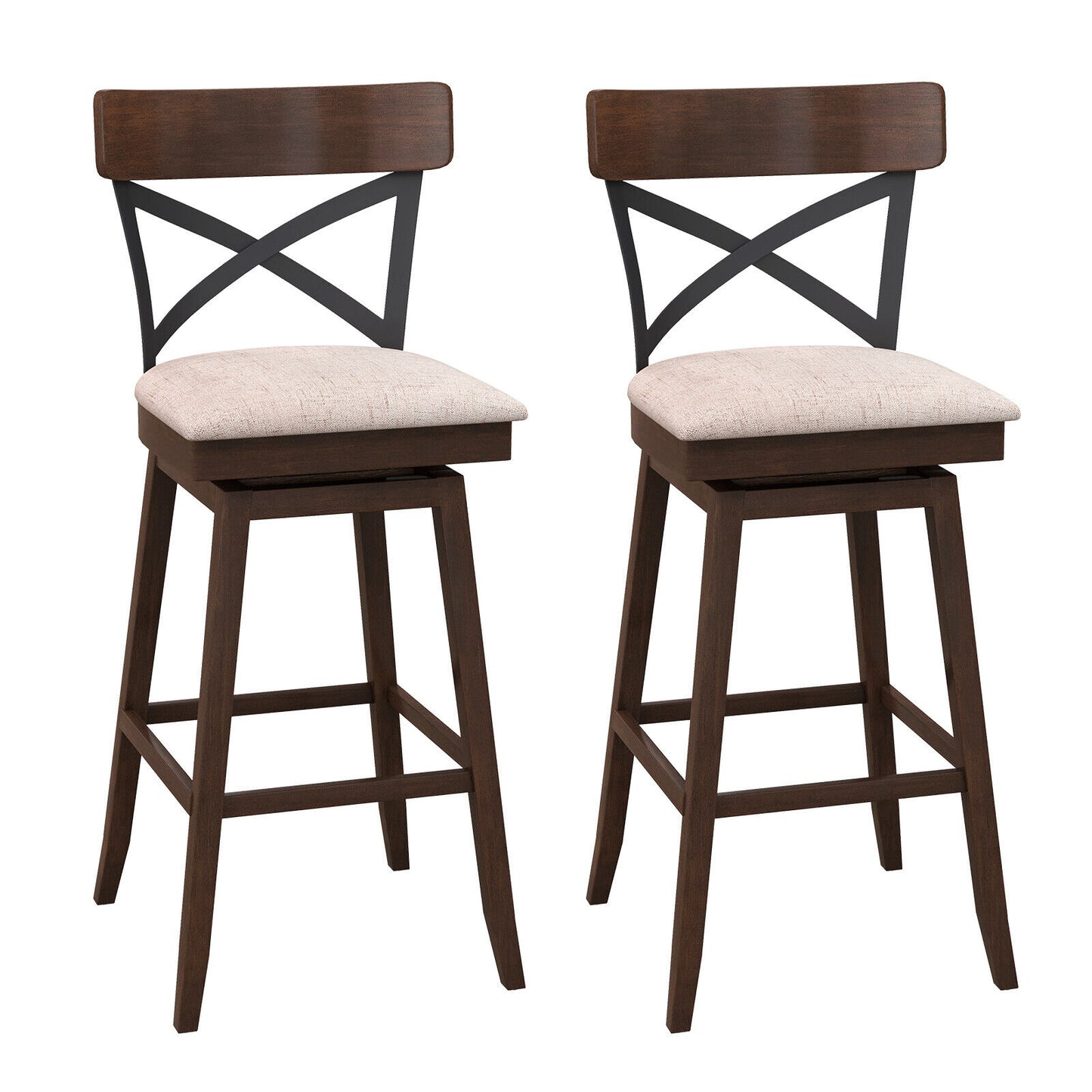 Set of 2 Wooden Swivel Bar Stools with Cushioned Seat and Open X Back-30 inches - 30 Inches