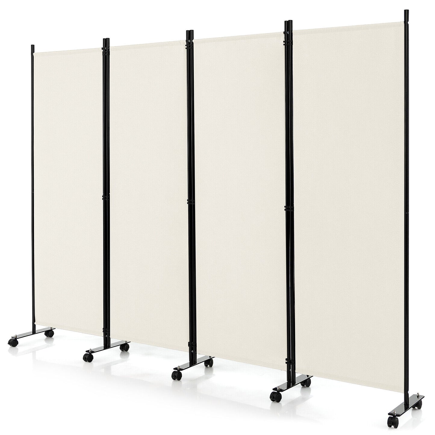 4-Panel Folding Room Divider 6 Feet Rolling Privacy Screen with Lockable Wheels-Black - White