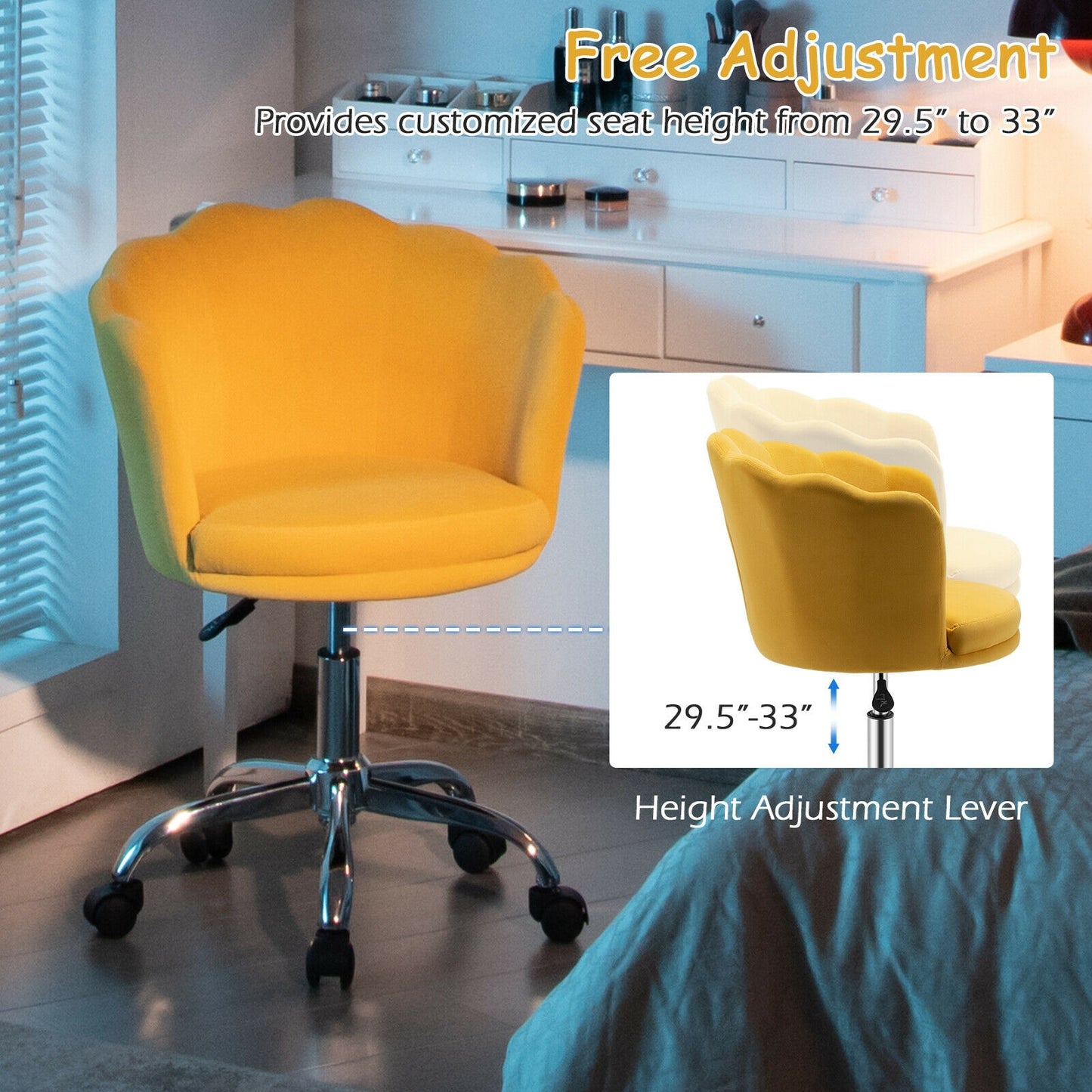 Upholstered Velvet Kids Desk Chair with Wheels and Seashell Back-Blue - Yellow
