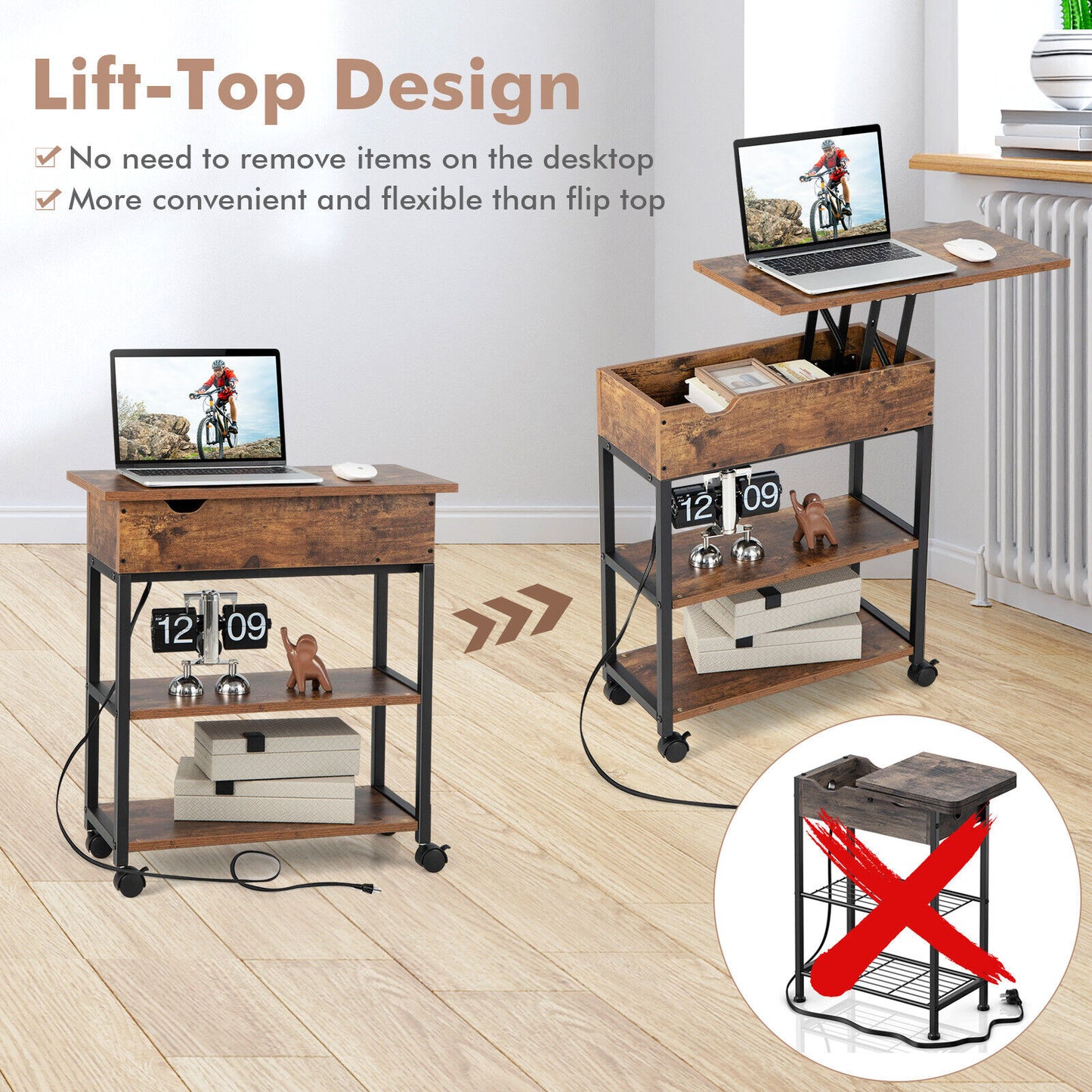 Lift Top End Table with Charging Station and Universal Wheels-Rustic Brown