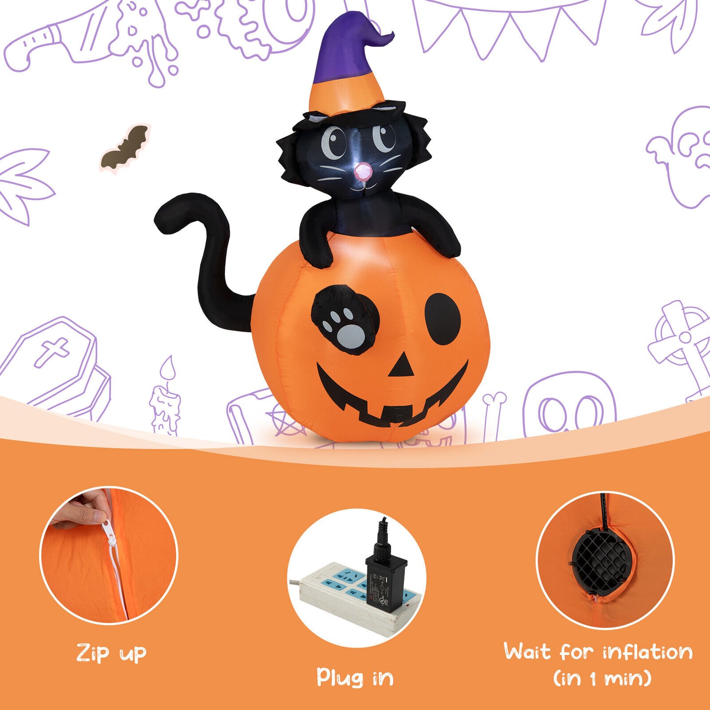 5 Feet Inflatable Halloween Pumpkin with Witch's Black Cat