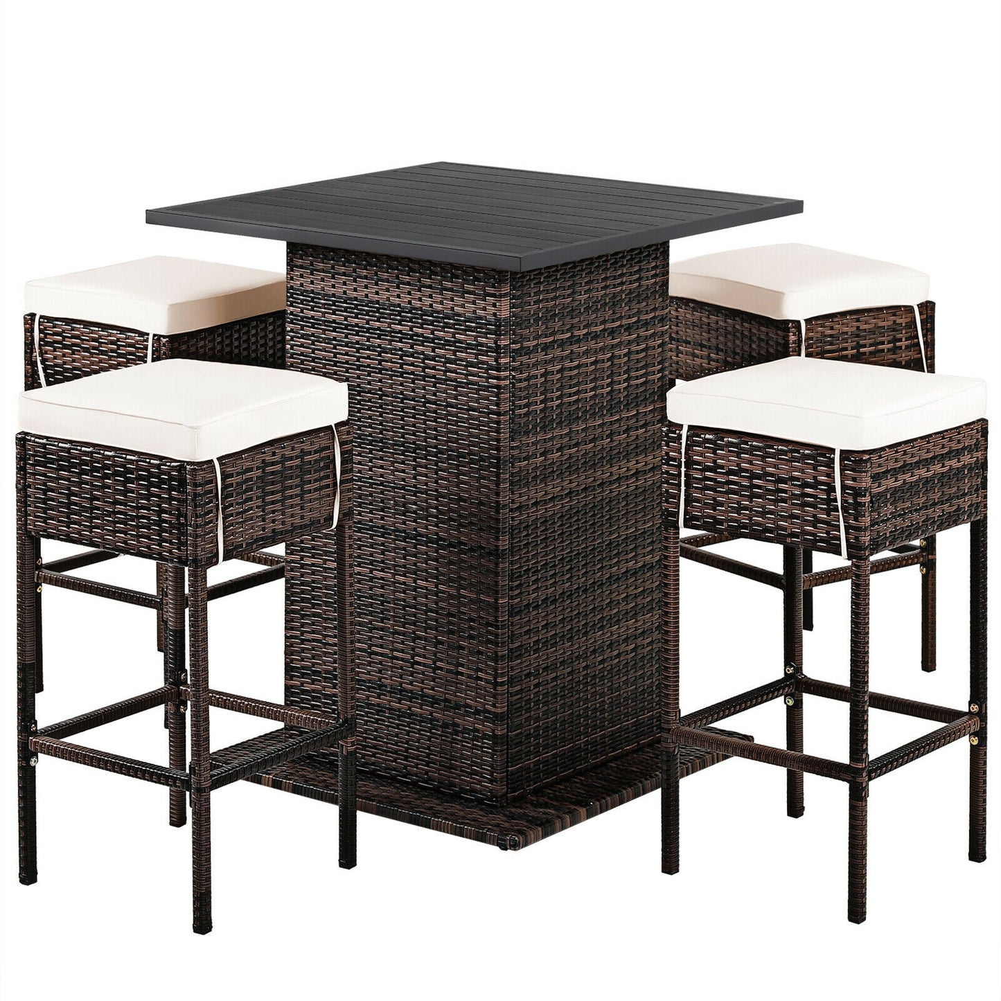 5 Pieces Patio Rattan Bar Table Stool Set Hidden Storage Shelf Cushioned-White - White