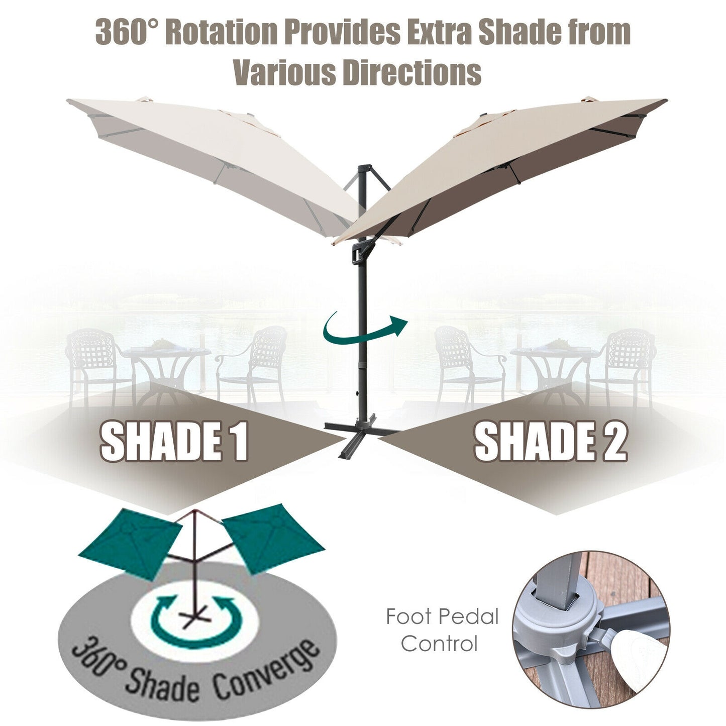 10 x 13 Feet Rectangular Cantilever Umbrella with 360° Rotation Function-Brown