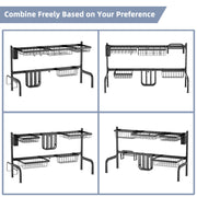 2 Tier Adjustable Over Sink Dish Drying Rack with 8 Hooks