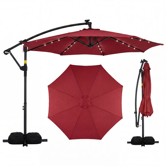 10 FT Solar LED Offset Cantilever Patio Umbrella Hanging Outdoor Market Umbrella-Red