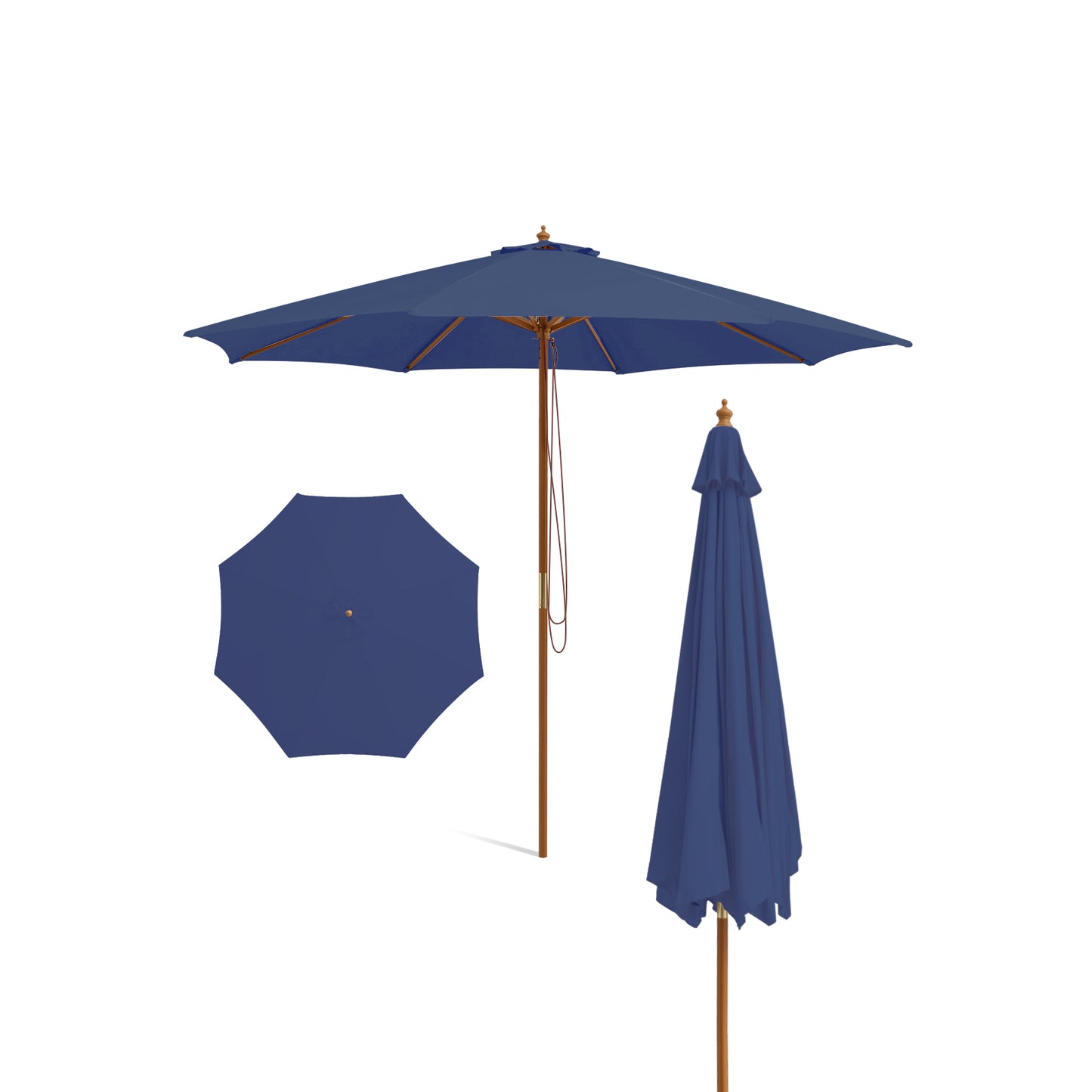 10 Feet Patio Umbrella with 8 Wooden Ribs and 3 Adjustable Heights-Brown - Navy
