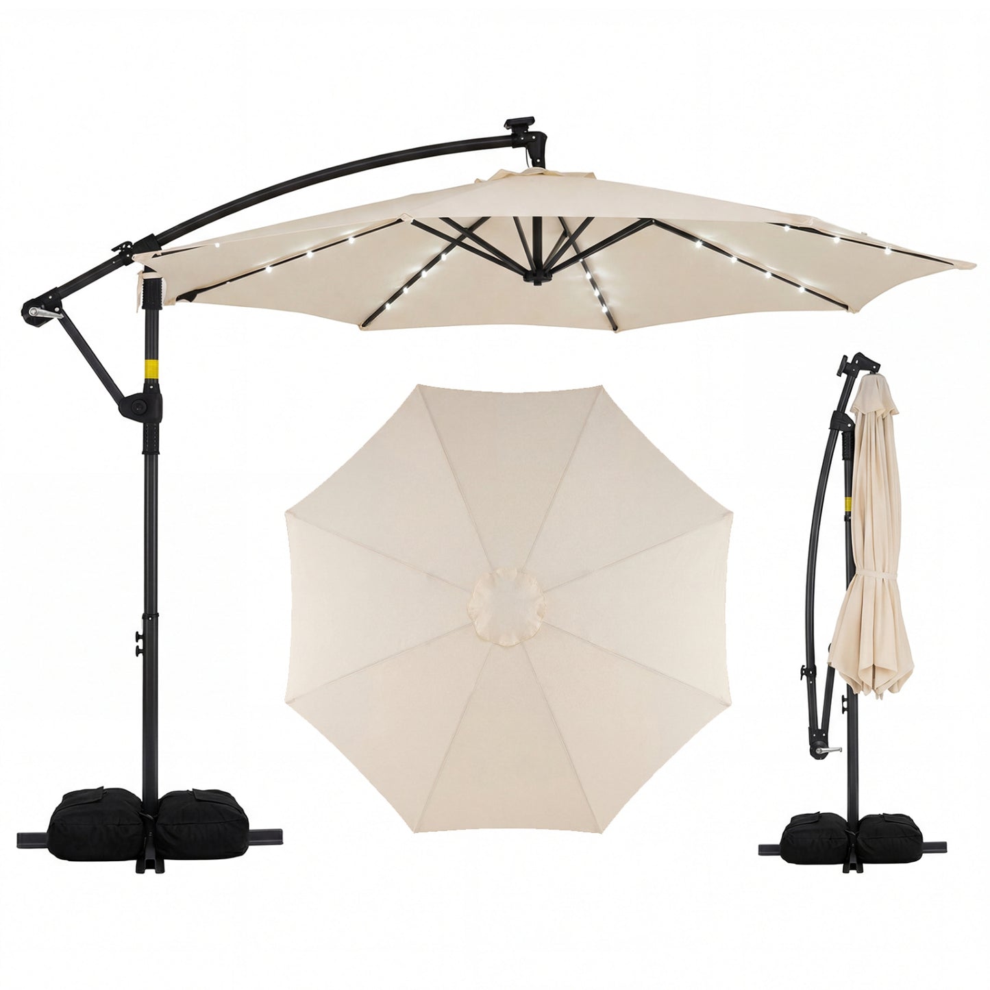 10 Feet Solar Offset Hanging Umbrella with Base and 32 LED Lights-Beige