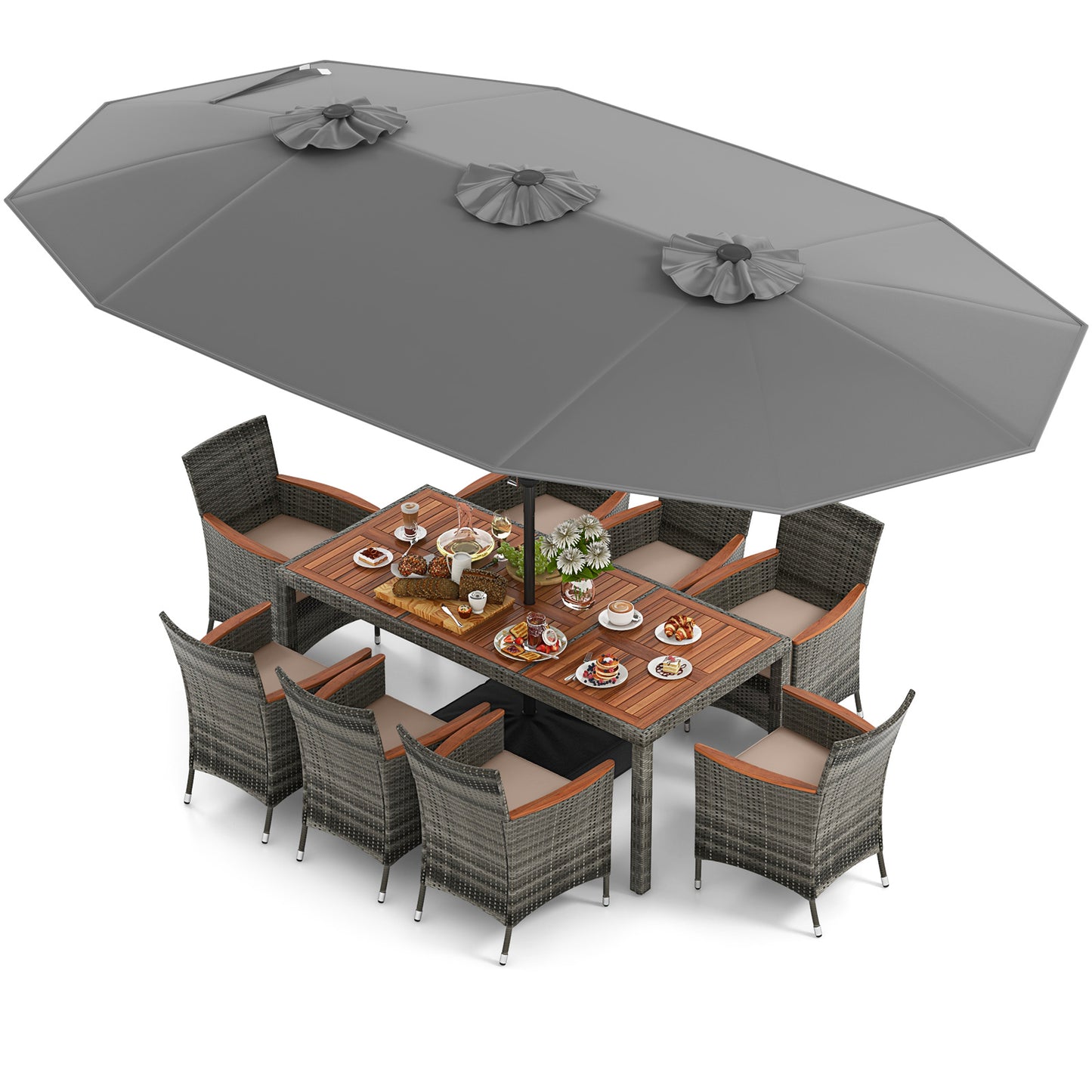 10 Pieces Patio Wicker Dining Set with 15 Feet Double-Sided Patio Umbrella-Brown - Gray