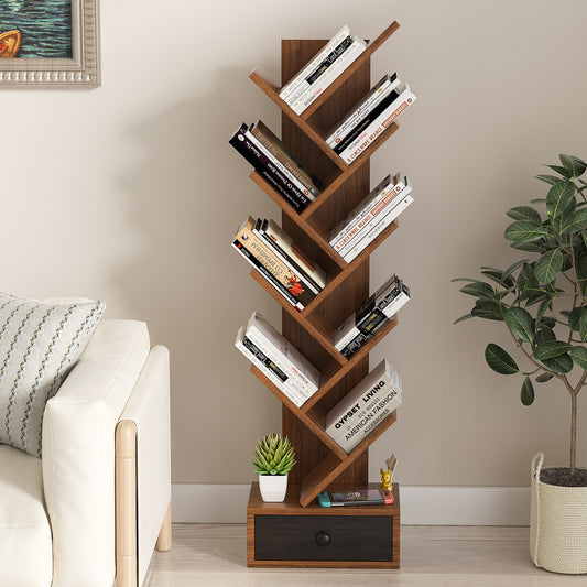 10-Tier Tree Bookshelf with Drawer and Anti-Tipping Kit-Brown