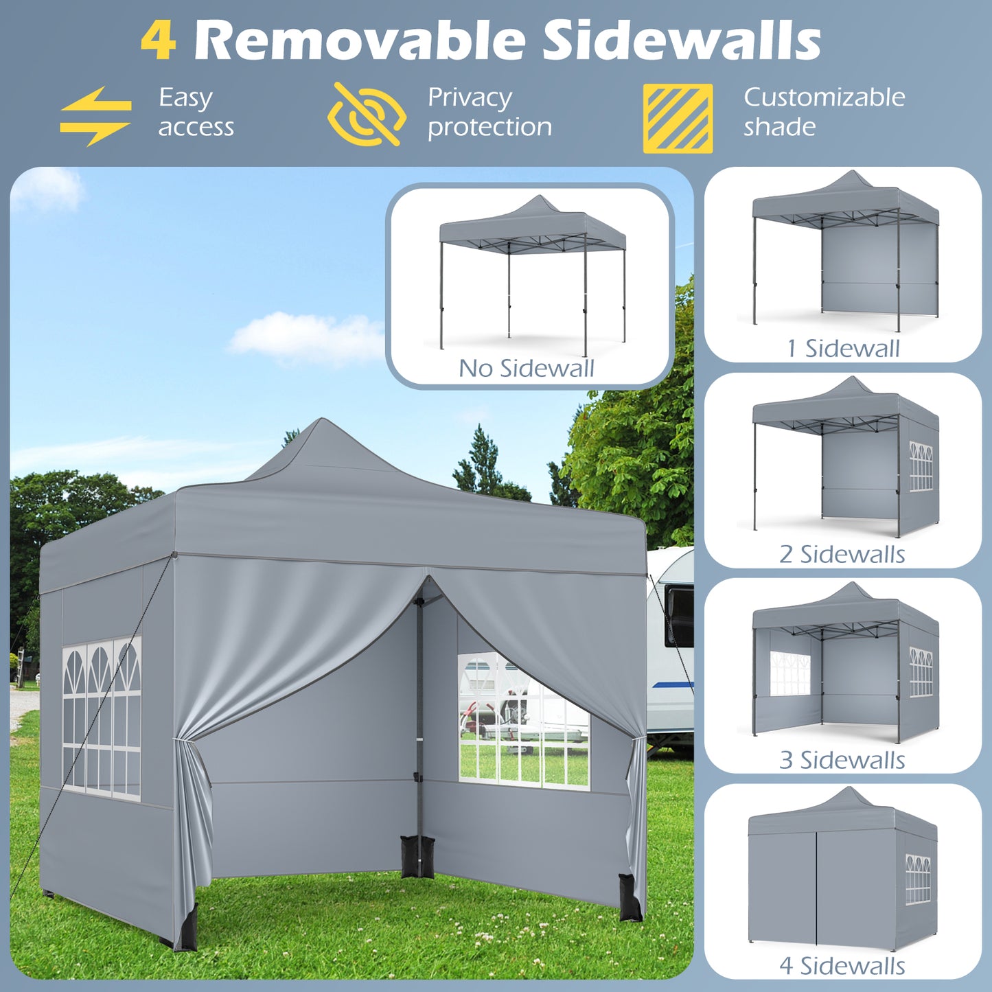 10 x 10 FT Pop up Canopy Tent with 4 Removable Sidewalls and Wheeled Bag-Gray