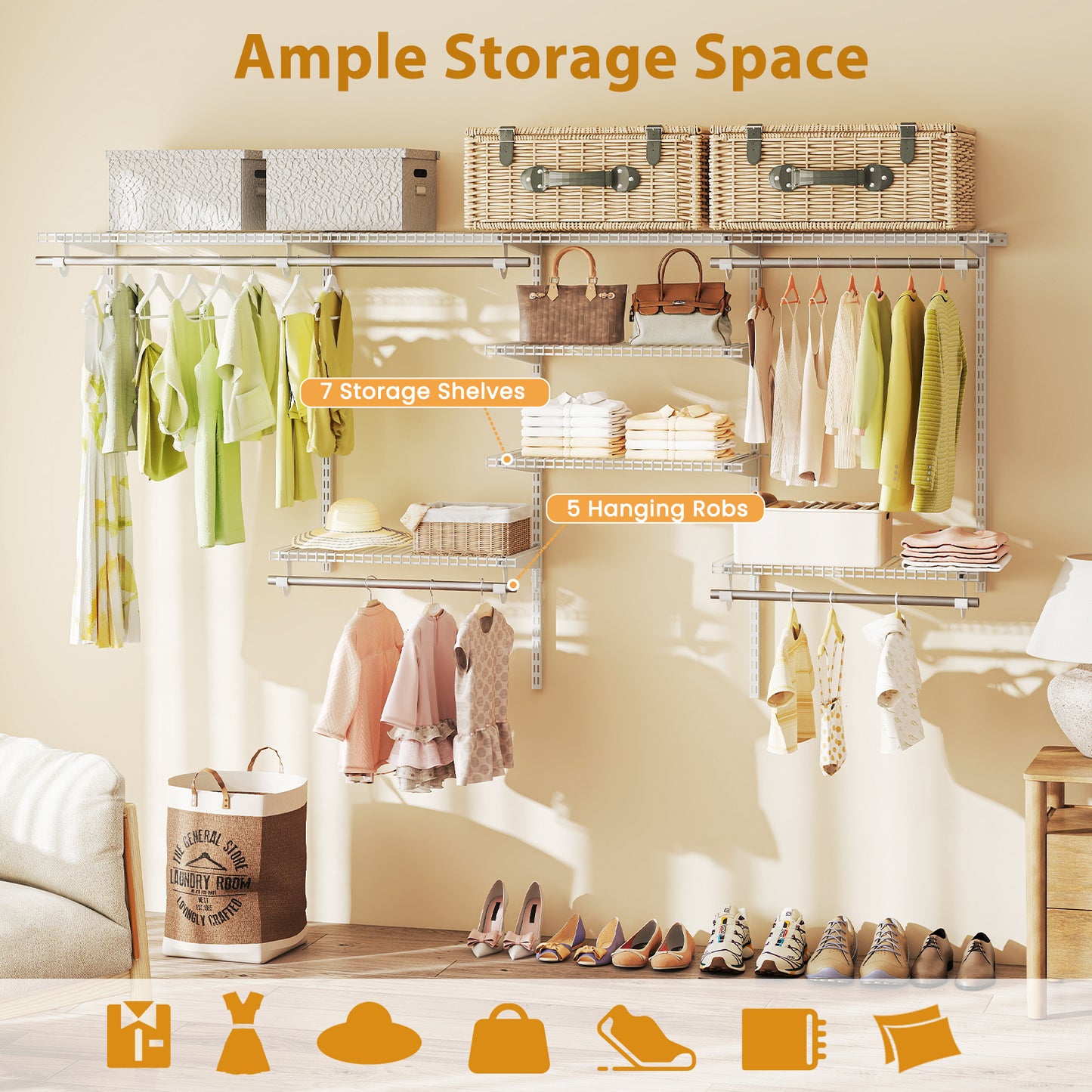 4-8 Feet Closet Organizers and Storage System with Hanging Rod for Laundry Bedroom-White