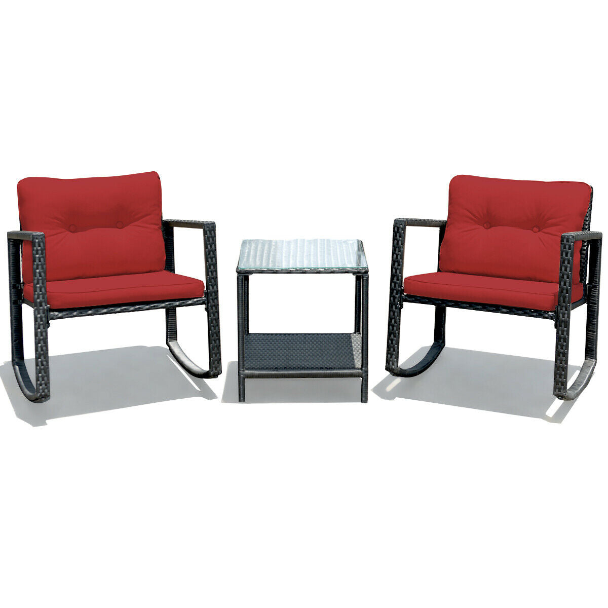 3 Pcs Patio Rattan Set Rocking Chair Cushioned Sofa Garden Furniture-Navy - Red