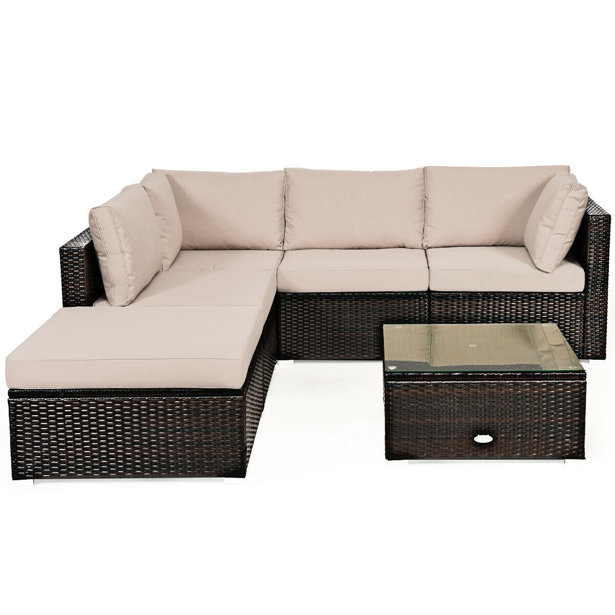 6 Pieces Outdoor Patio Rattan Furniture Set Sofa Ottoman - Default