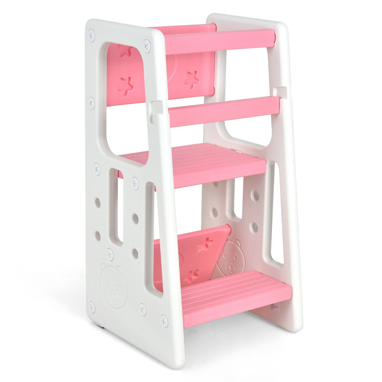 Kids Kitchen Step Stool with Double Safety Rails -Brown - Pink