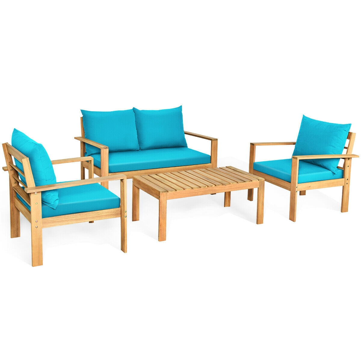Outdoor 4 Pieces Acacia Wood Chat Set with Water Resistant Cushions-Gray - Turquoise