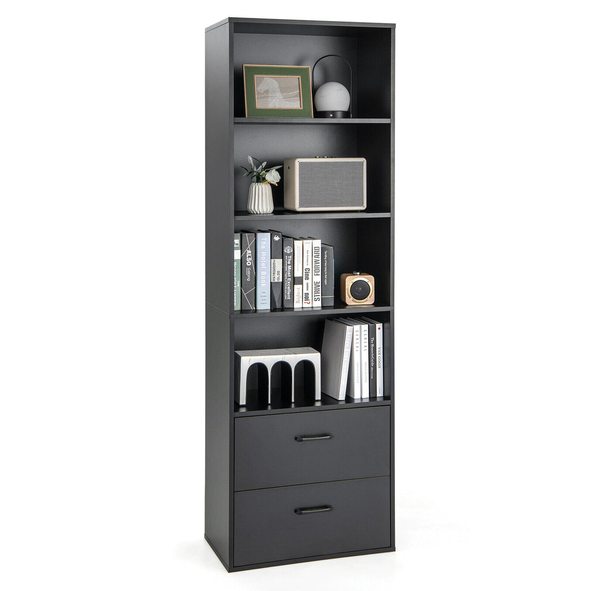 6-Tier Tall Freestanding Bookshelf with 4 Open Shelves and 2 Drawers-Black - Black