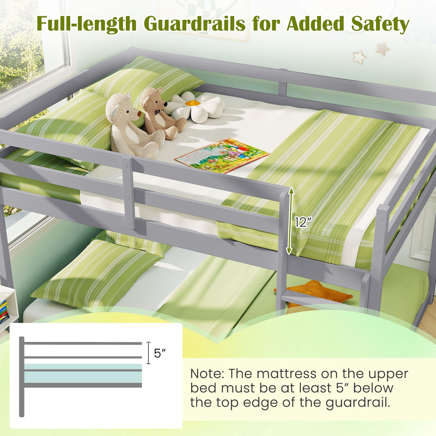 Full Over Full Bunk Bed Low-to-ground Bunk Bed-Gray