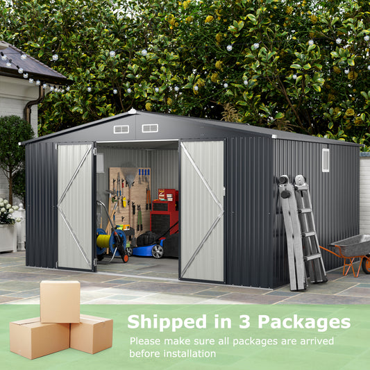 12 x 9.8 Feet Outdoor Storage Shed with Lockable Door and Pitched Roof-Gray