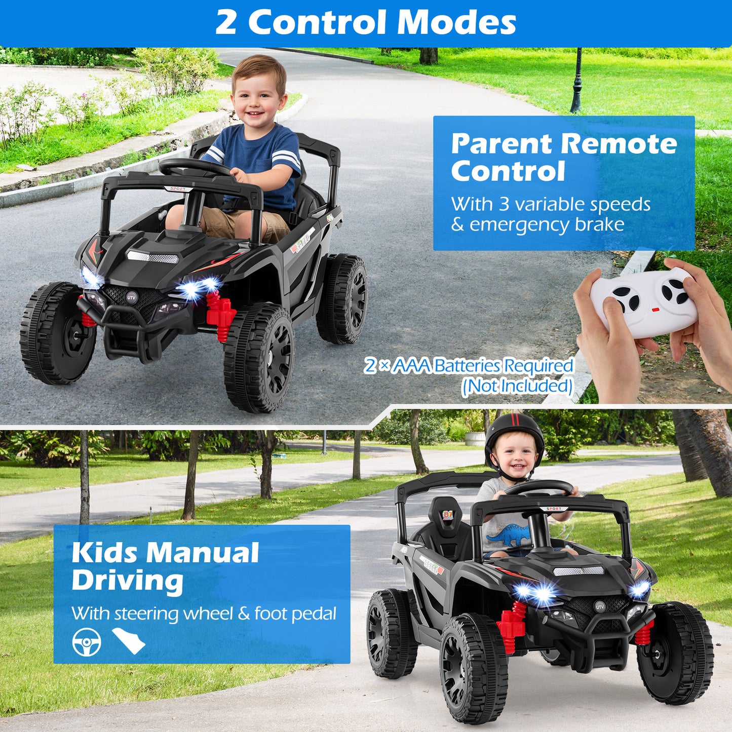 12V Kids Ride On Car UTV Electric Vehicle with LED Lights Music and Horn-Black