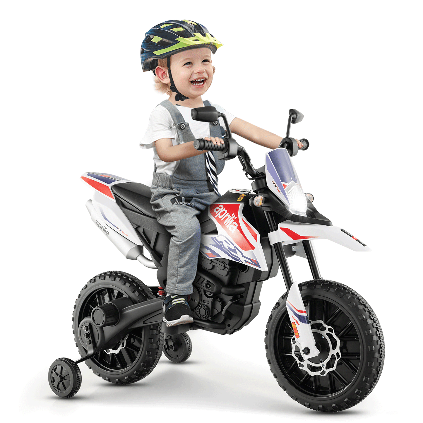 Aprilia Licensed Kids Ride On Motorcycle with 2 Training Wheels-White - White