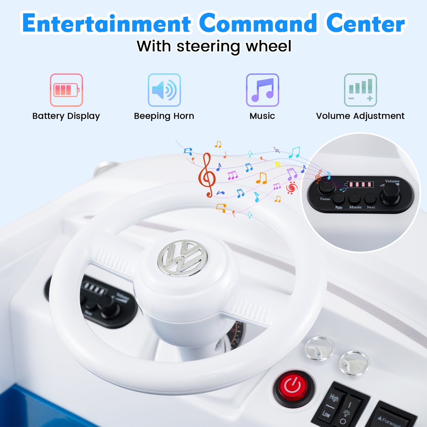 12V Ride On Car Licensed Volkswagen Ride-on Bus with Cup Holder and LED Headlights for 3+ Years Old-Blue