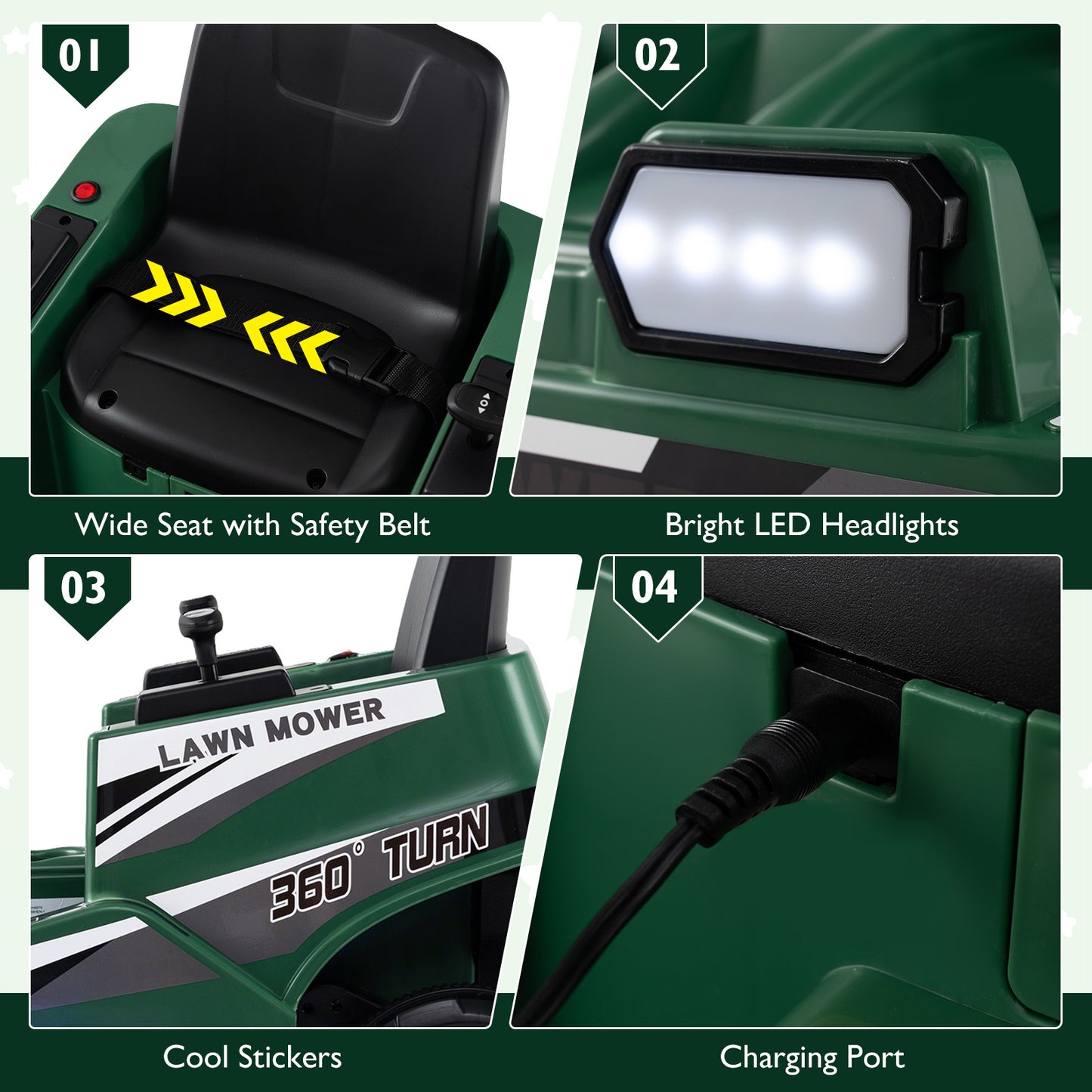 12V Ride on Lawn Mower for Kids with Dual Control Sticks and LED Lights-Green