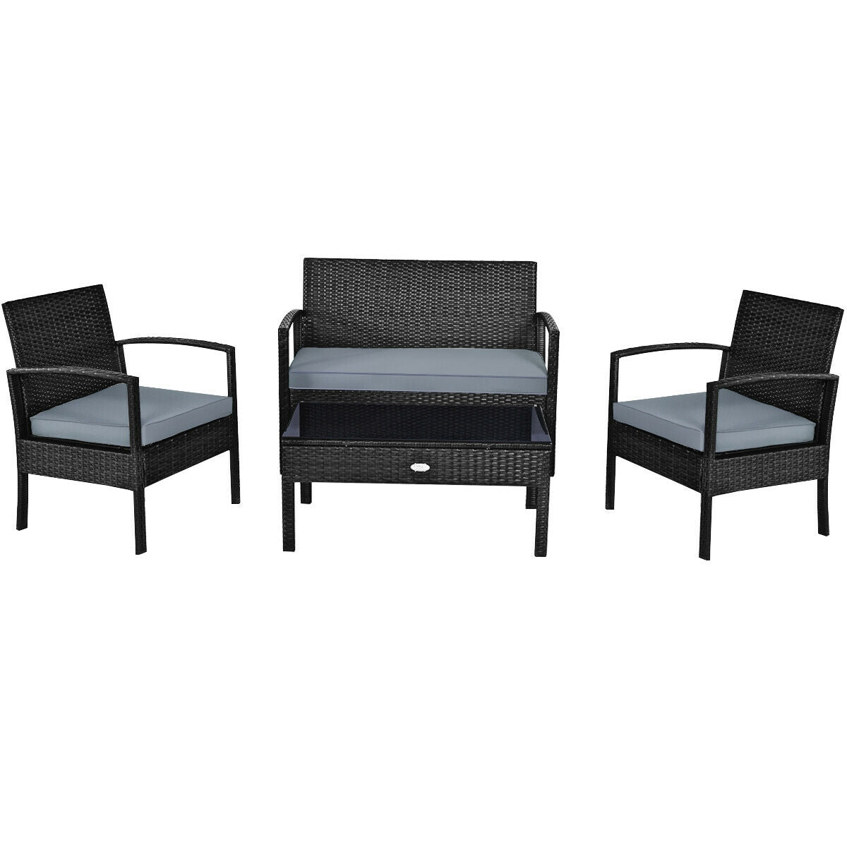 4 Pieces Patio Rattan Cushioned Furniture Set-Black - Gray