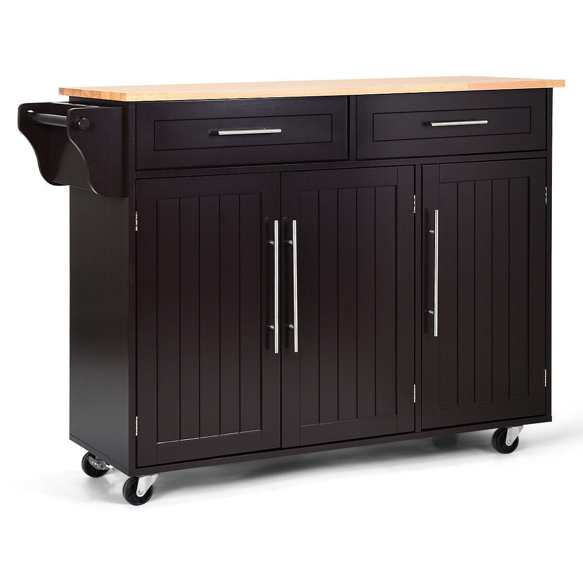 Kitchen Island Trolley Cart Wood Top Rolling Storage Cabinet-White - Brown