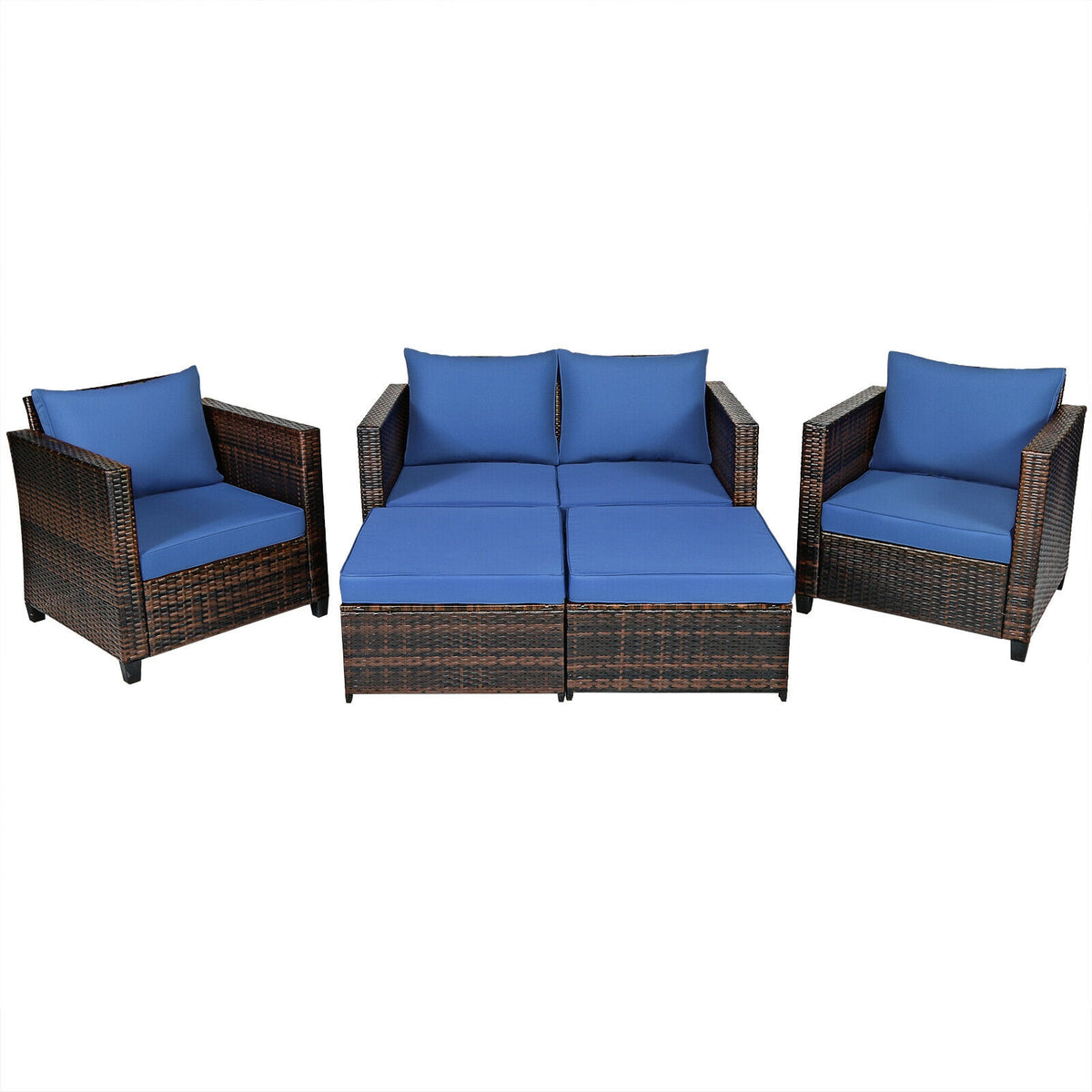 5 Pieces Patio Cushioned Rattan Furniture Set-Navy - Navy