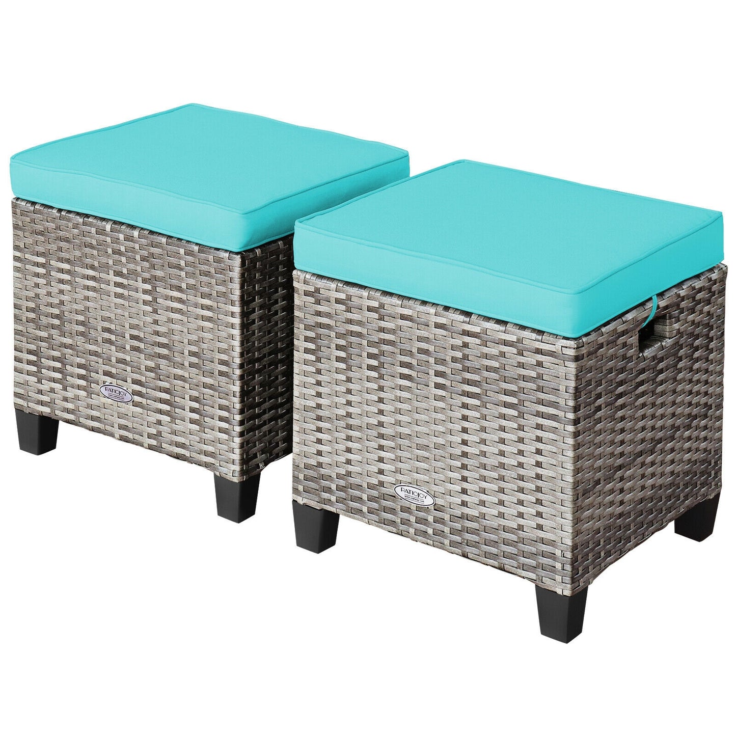 2PCS Patio Rattan Wicker Ottoman Seat with Removable Cushions-Turquoise - Turquoise