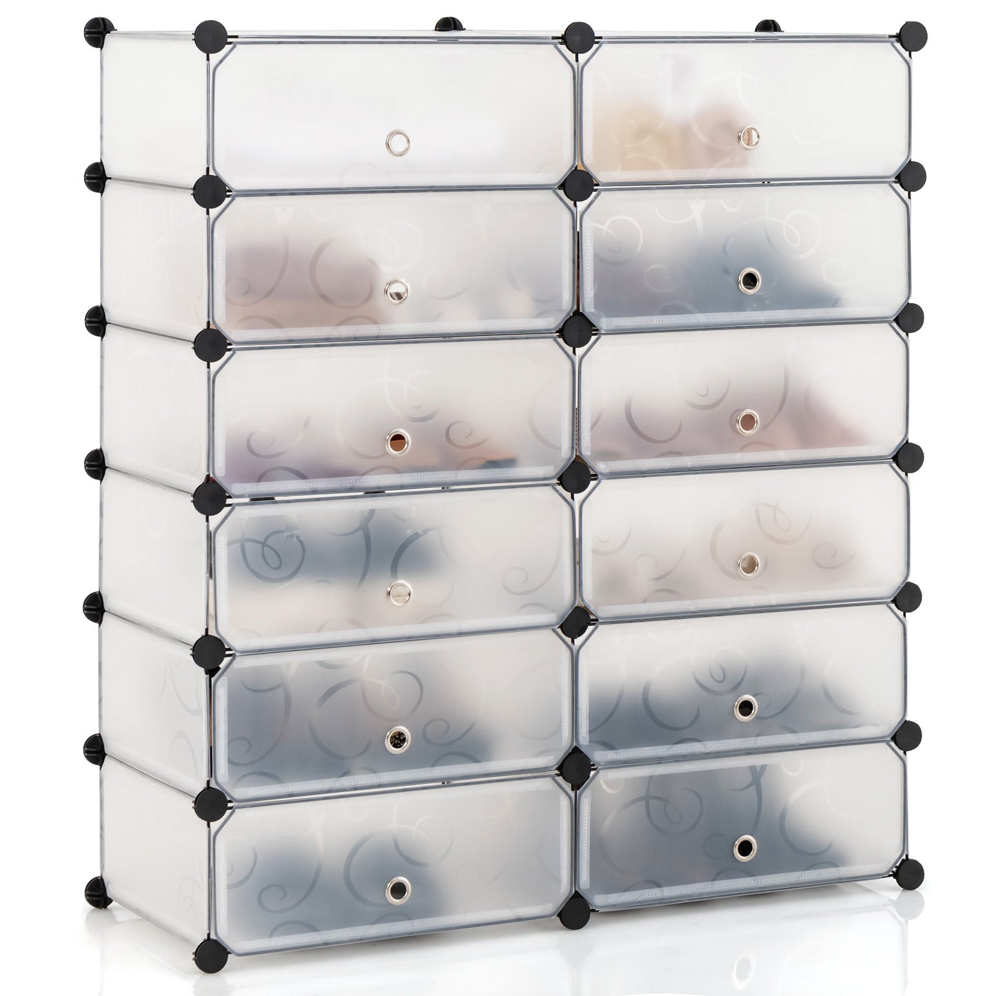 12-Cube DIY Portable Plastic Shoe Rack with Transparent Doors-White - White