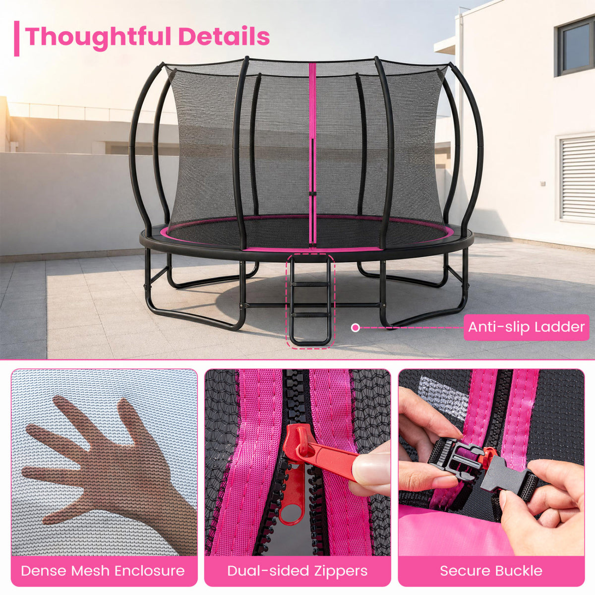 12 FT Outdoor Trampoline with Safety Enclosure Net - Pink