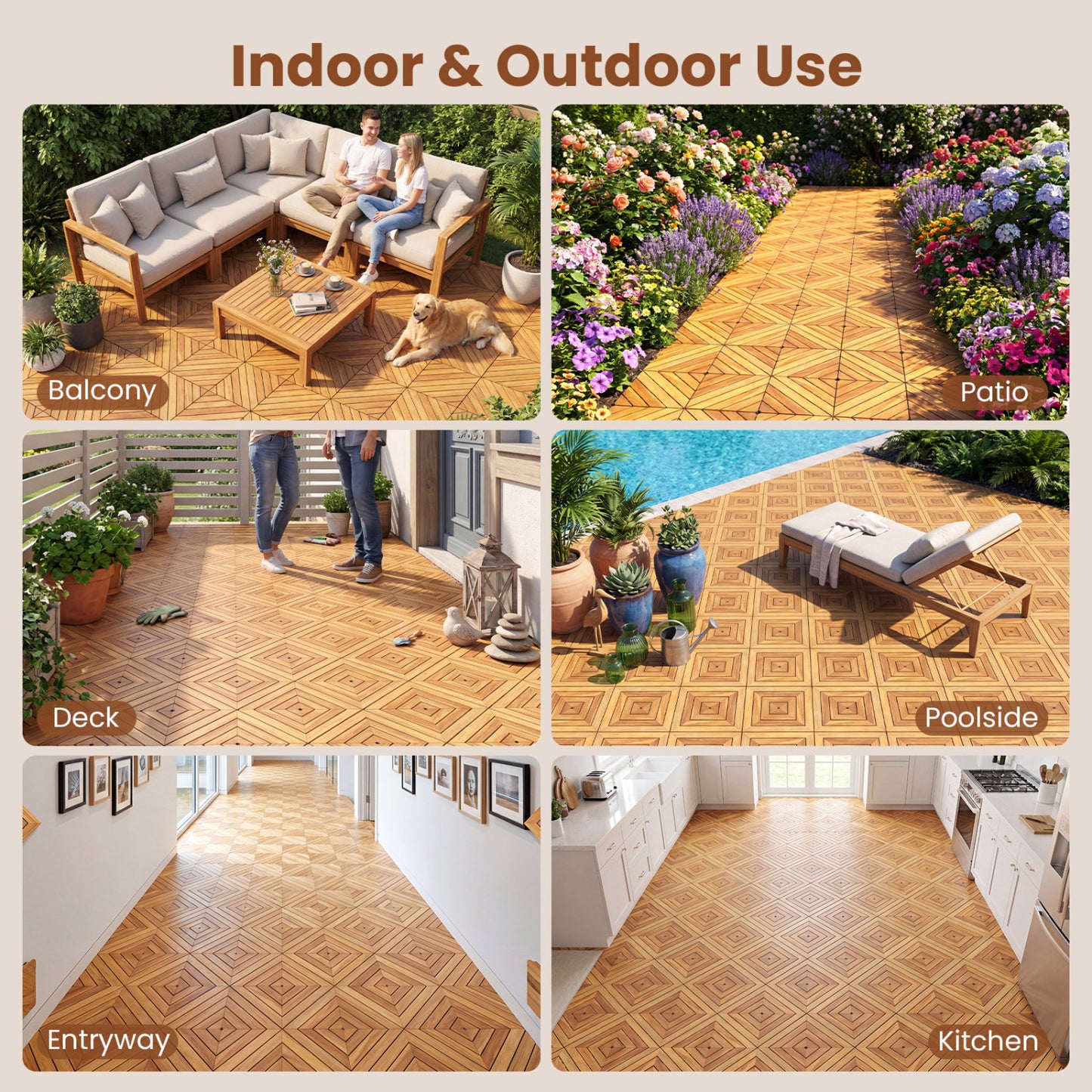 Acacia Wood Interlocking Deck Tiles 12x12 Inch - 48 Pack