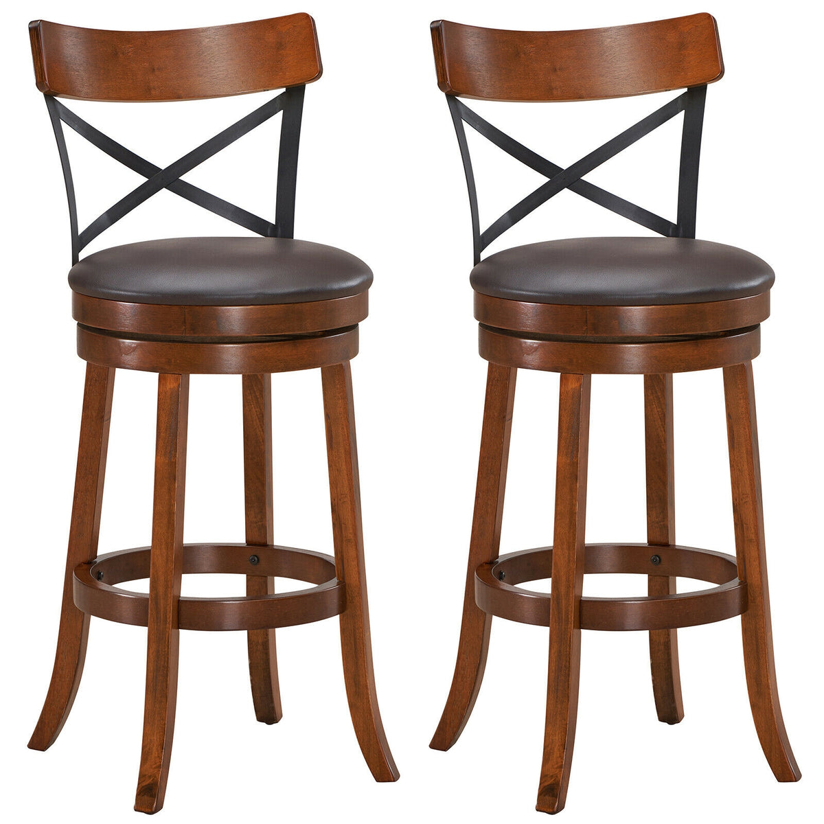 Set of 2 Bar Stools 360-Degree Swivel Dining Bar Chairs with Rubber Wood Legs-29.5 inch - 29.5 Inch