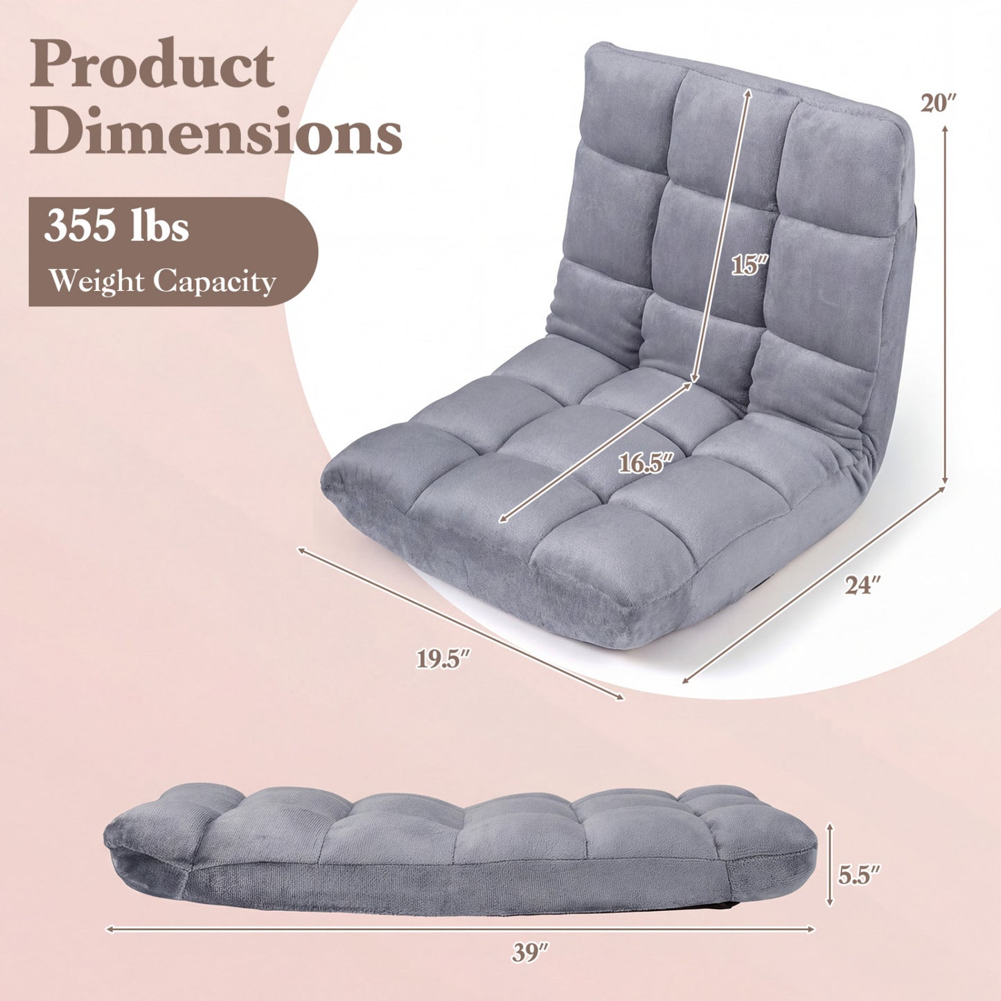 Adjustable 14-position Cushioned Floor Chair-Beige - Light Gray