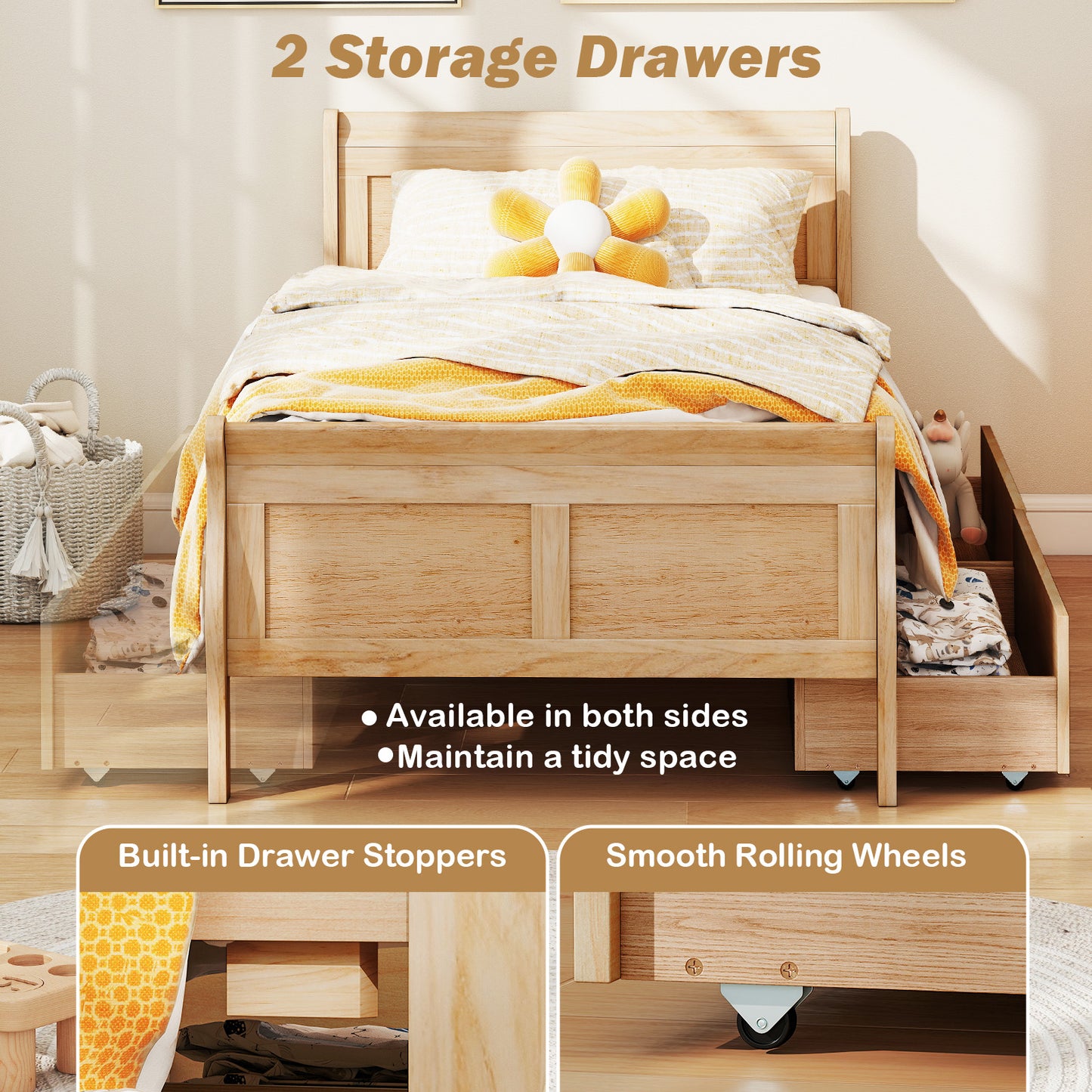Twin Size Sleigh Bed with 2 Storage Drawers Wood Platform Bed Frame-Natural