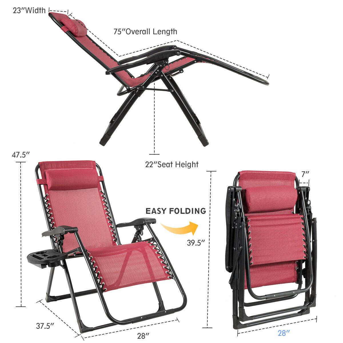 Oversize Lounge Chair with Cup Holder of Heavy Duty for outdoor-Black - Dark Red