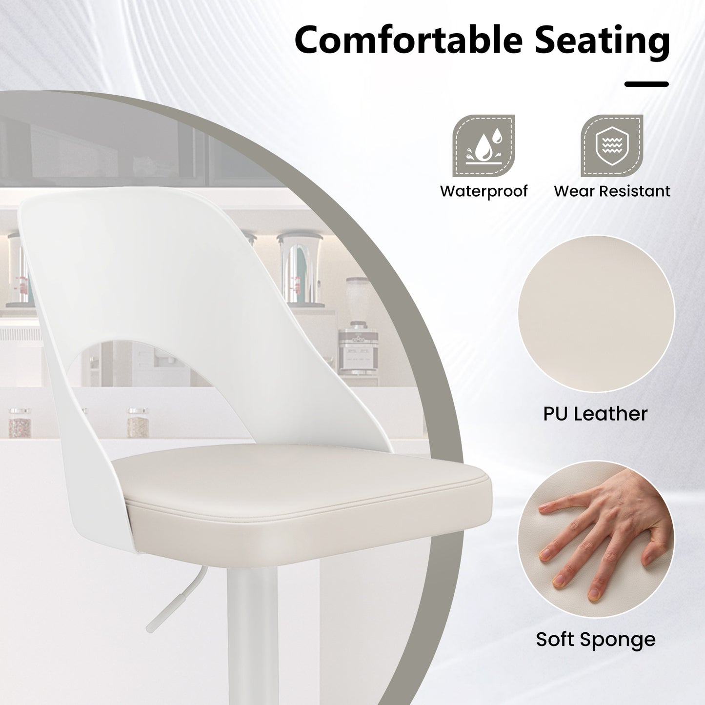 Bar Stools Set of 2 with Enlarged PU Leather Seat and Footrest-White