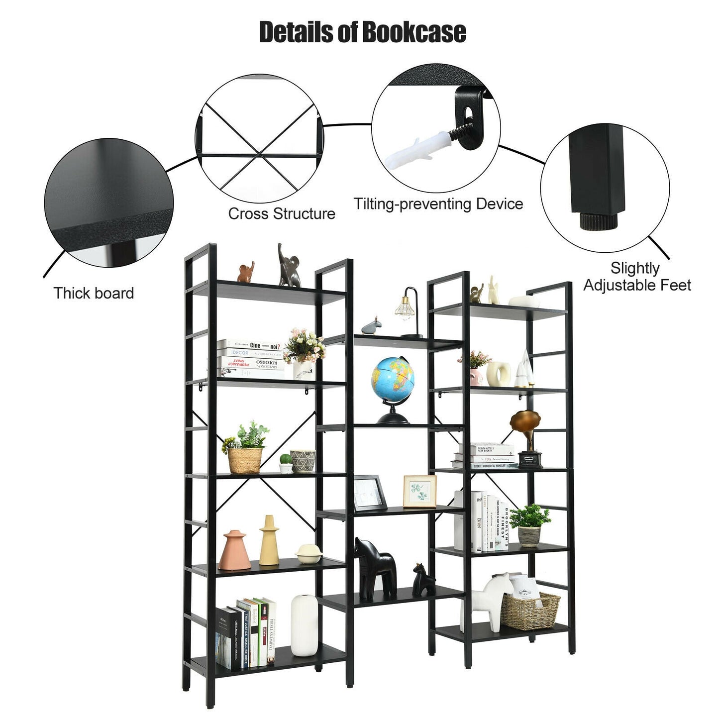 Vintage Triple Wide 5-Tier Bookcase Large Bookshelf Display Storage Shelf-Black