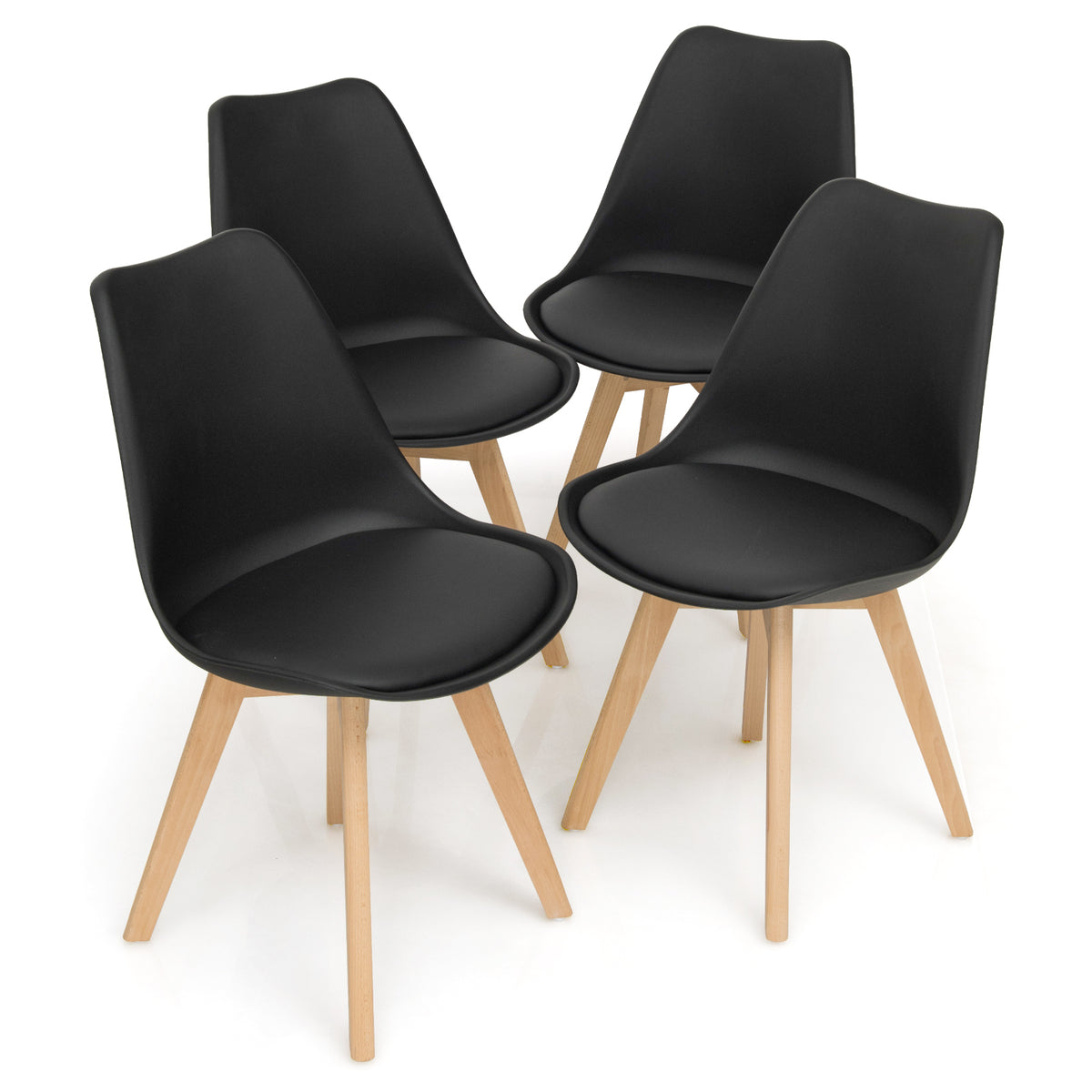 Set of 4 Dining Chairs Mid-Century Modern Shell PU Seat with Wooden Legs-White - Black