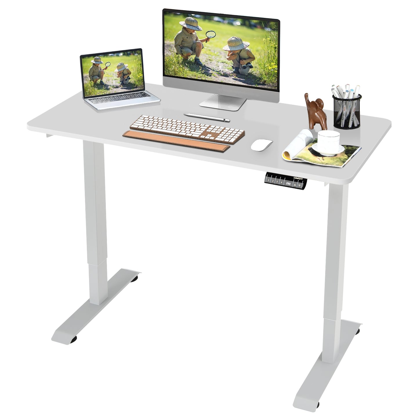 Electric Height Adjustable Standing Desk with Memory Controller-Coffee - White