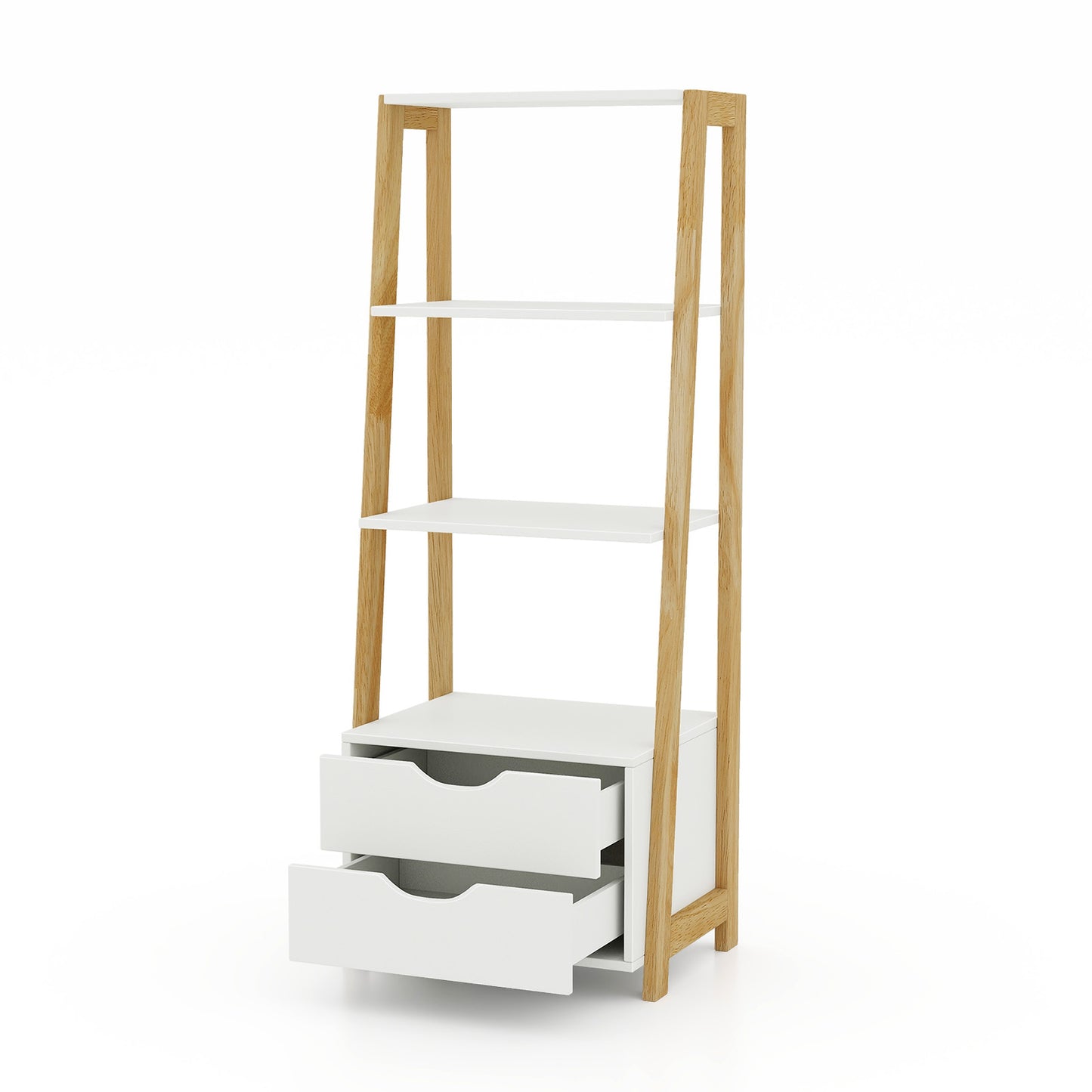 4-Tier Ladder Bookshelf Storage Display with 2 Drawers-White - White