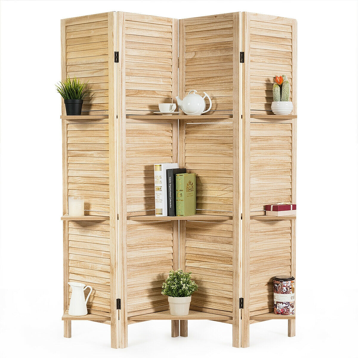 4 Panel Folding Room Divider Screen with 3 Display Shelves-Brown - Brown