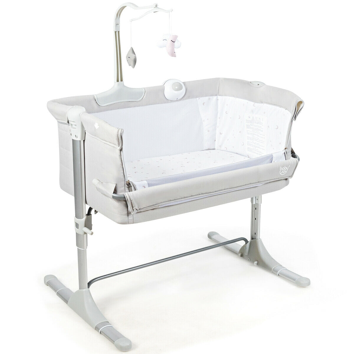 Height Adjustable Baby Side Crib with Music Box & Toys-Light Gray - Light Gray