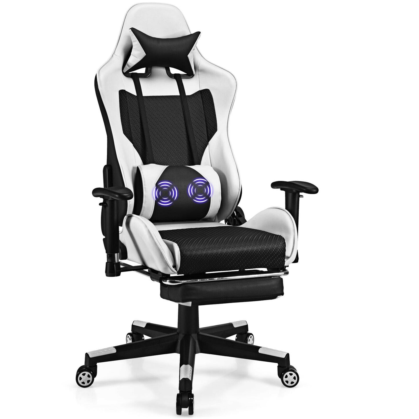 PU Leather Gaming Chair with USB Massage Lumbar Pillow and Footrest-Red - White